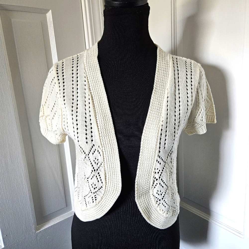 Earth Song Cream Crochet Open Front Shrug Womens Small Made USA